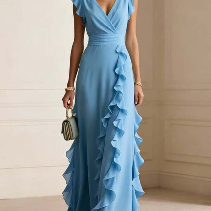 Womens Elegant Solid Color Ruffle V Neck Long Dress in blue with ruffles, perfect for formal occasions.