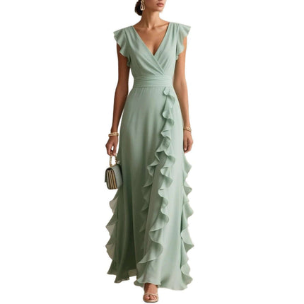 Womens Elegant Solid Color Ruffle V Neck Long Dress in mint green with ruffles and a flattering silhouette.