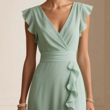 Womens Elegant Solid Color Ruffle V Neck Long Dress in soft green with flutter sleeves and ruffle detailing.