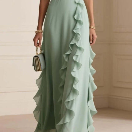 Womens Elegant Solid Color Ruffle V Neck Long Dress in mint green with ruffles, shown on a model holding a small handbag.
