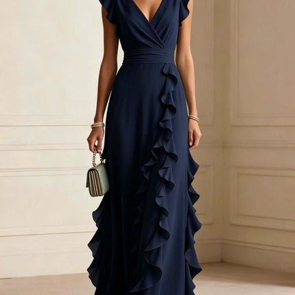 Womens Elegant Solid Color Ruffle V Neck Long Dress in navy with ruffle details and a v-neck design.