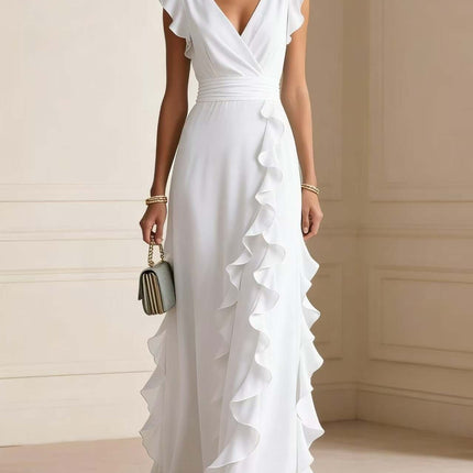 Womens Elegant Solid Color Ruffle V Neck Long Dress displayed on model in elegant white color.