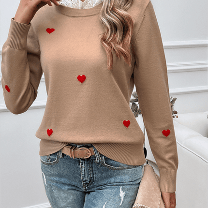 Women’s Casual Embroidered Heart Long Sleeve Knitted Sweater front view