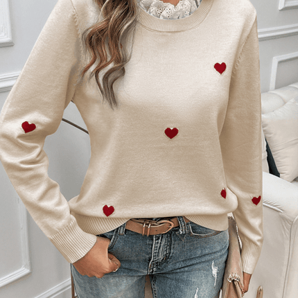 Women’s Casual Embroidered Heart Long Sleeve Knitted Sweater flat lay