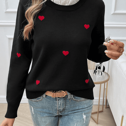 Women’s Casual Embroidered Heart Long Sleeve Knitted Sweater close up
