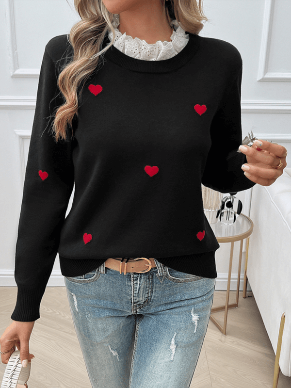 Women’s Casual Embroidered Heart Long Sleeve Knitted Sweater close up