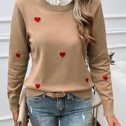 Women’s Casual Embroidered Heart Long Sleeve Knitted Sweater on model standing