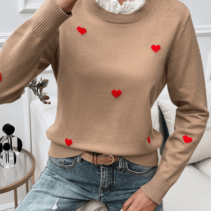 Women’s Casual Embroidered Heart Long Sleeve Knitted Sweater on model sitting