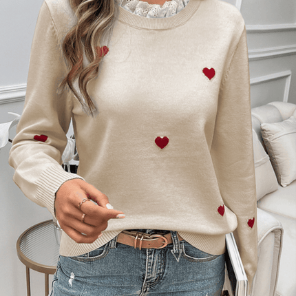 Women’s Casual Embroidered Heart Long Sleeve Knitted Sweater round neck