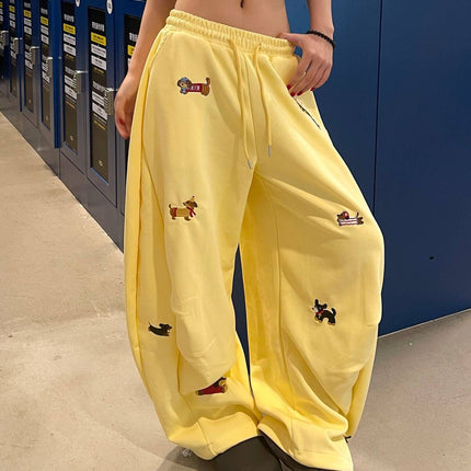 Womens Embroidered Slacks Loose Slimming Wide Leg Pants urban style.