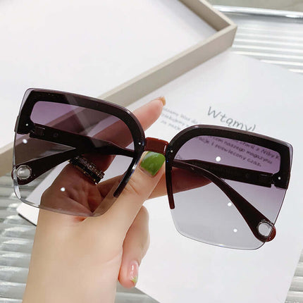 Women's Fashion Large Square Rimless Sunglasses Black frame Grey lens