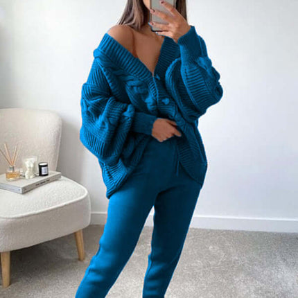 women's fashion v-neck sweater suit with cozy knitted pants fashion look