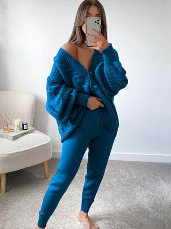 women's fashion v-neck sweater suit with cozy knitted pants fashion look