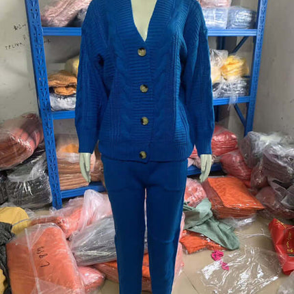 women's fashion v-neck sweater suit with cozy knitted pants two piece set