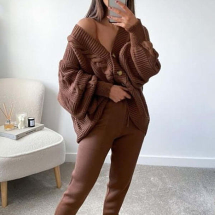women's fashion v-neck sweater suit with cozy knitted pants casual outfit