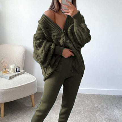 women's fashion v-neck sweater suit with cozy knitted pants matching set