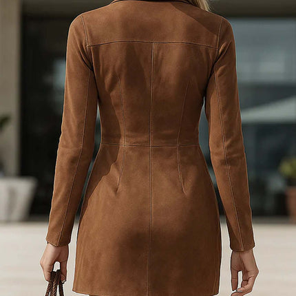 Womens Fashionable Casual Long Sleeve Dress With Tassels showcased from the back, featuring a stylish suede texture and a fitted silhouette.
