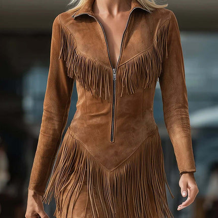 Womens Fashionable Casual Long Sleeve Dress With Tassels in brown suede with fringe details, model wearing stylish outfit outdoors.