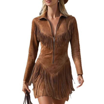 Womens Fashionable Casual Long Sleeve Dress With Tassels, featuring a zip-up front and fringe details in brown.