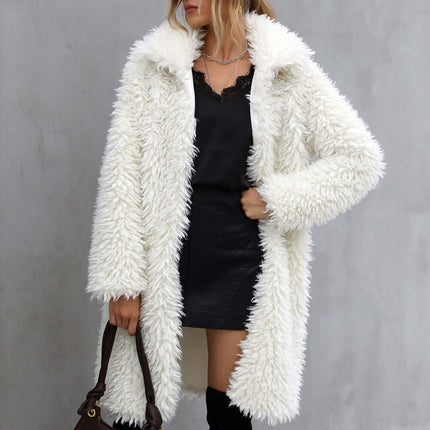 Womens Faux Fur Plush Lapel Warm Long Coat Faux Fur Design