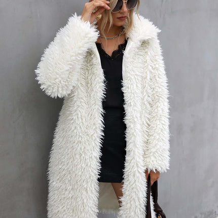Womens Faux Fur Plush Lapel Warm Long Coat Plush Texture