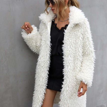 Womens Faux Fur Plush Lapel Warm Long Coat Wide Lapel Collar