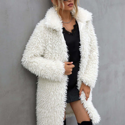Womens Faux Fur Plush Lapel Warm Long Coat Plush Lapel Detail