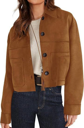 Womens Faux Suede Short Jacket in brown color, featuring button closure and front pockets, worn casually over a white top.