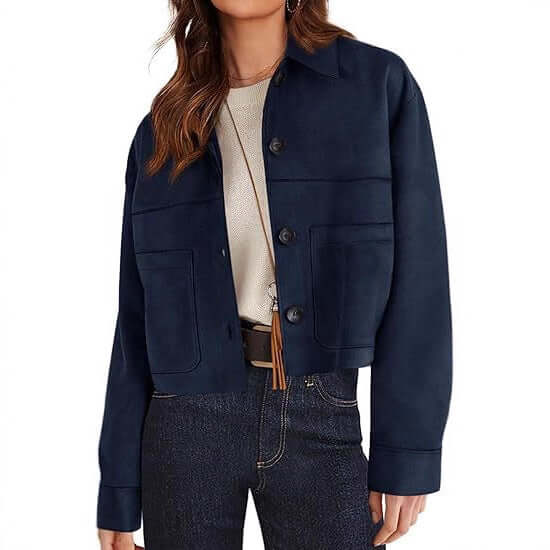 Womens Faux Suede Short Jacket in navy blue, featuring a cropped cut and front pockets for a stylish casual look.