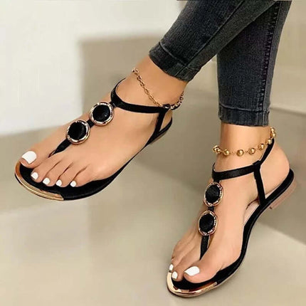 Women's Flat Sandals Summer Beach Shoes black color casual style side view