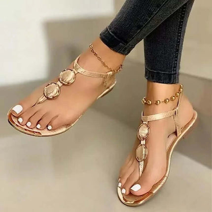 Women's Flat Sandals Summer Beach Shoes gold color with elegant metal buckle