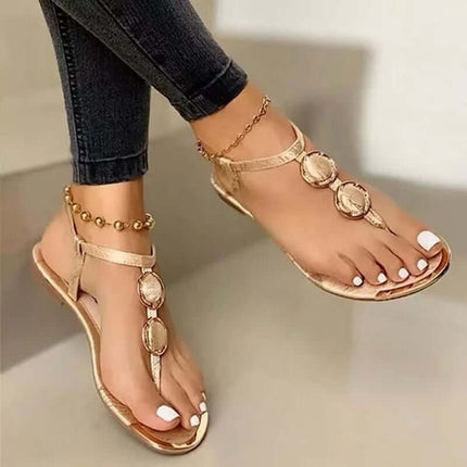Women's Flat Sandals Summer Beach Shoes close up on premium artificial PU upper