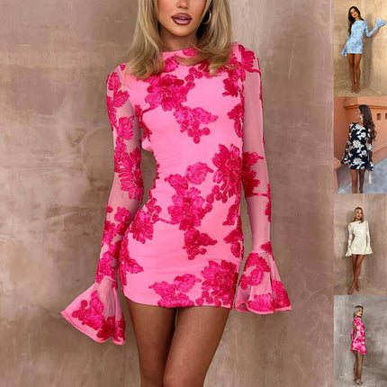 Womens Floral Bell Sleeve Mesh Mini Party Dress in pink with floral design, perfect for parties and special occasions.