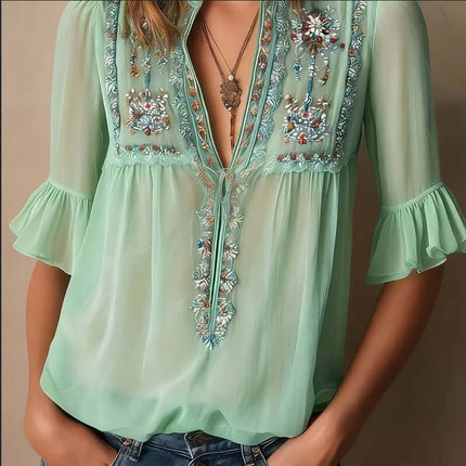 Womens Floral Embroidery Chiffon V Neck Blouse in mint green with intricate embroidery and flared sleeves.