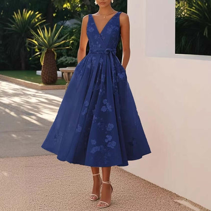 Womens Floral V Neck A Line Midi Dress in blue with floral pattern, perfect for summer occasions.