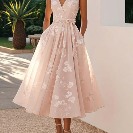 Womens Floral V Neck A Line Midi Dress displayed in a garden setting, featuring a light pink color with floral patterns.
