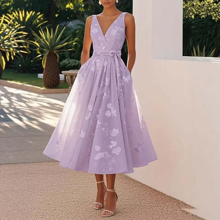 Womens Floral V Neck A Line Midi Dress in light purple with floral pattern, perfect for spring and summer events.