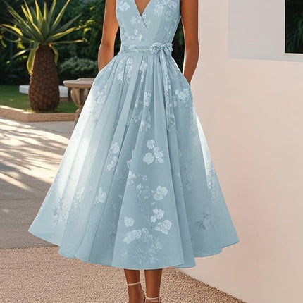 Womens Floral V Neck A Line Midi Dress in light blue with floral patterns, perfect for summer occasions.