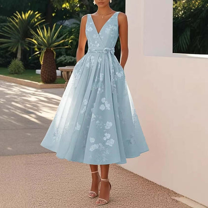 Womens Floral V Neck A Line Midi Dress in light blue with floral print, perfect for summer occasions.