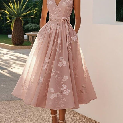 Womens Floral V Neck A Line Midi Dress in pink with floral design, perfect for summer occasions, features a flattering silhouette.