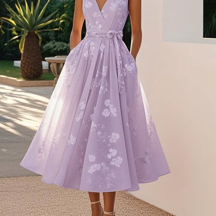 Womens Floral V Neck A Line Midi Dress in lavender with floral prints, featuring a flowy skirt and elegant design.
