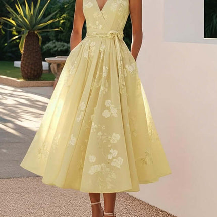 Womens Floral V Neck A Line Midi Dress in yellow with floral design, perfect for summer occasions or garden parties.