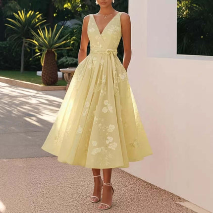Womens Floral V Neck A Line Midi Dress in yellow with floral patterns