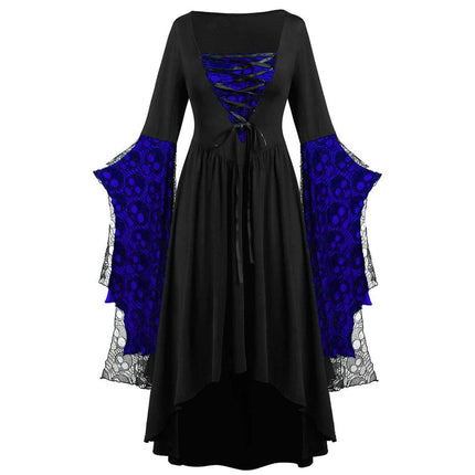 Womens Gothic Skull Lace Square Neck Halloween Dress featuring blue skull lace sleeves and a black bodice.