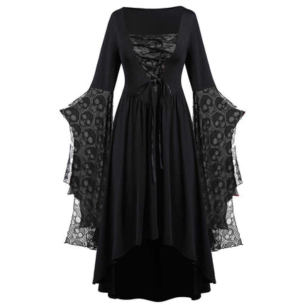 Womens Gothic Skull Lace Square Neck Halloween Dress featuring a flowing black design with skull lace sleeves.