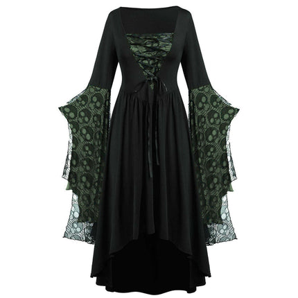 Womens Gothic Skull Lace Square Neck Halloween Dress featuring a black design with lace sleeves and a skull pattern.