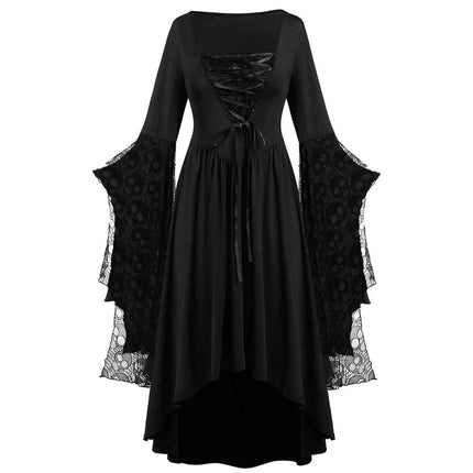 Womens Gothic Skull Lace Square Neck Halloween Dress featuring a black lace design and bell sleeves, perfect for Halloween costumes.