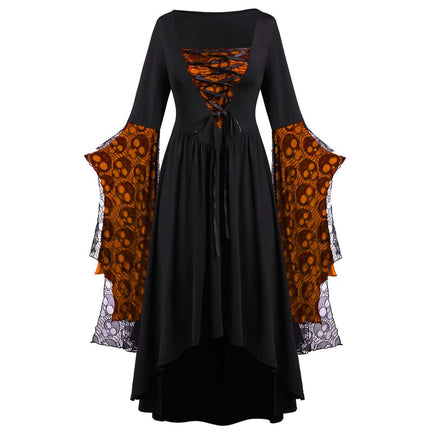 Womens Gothic Skull Lace Square Neck Halloween Dress featuring bell sleeves and skull print design.