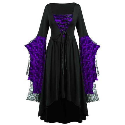Womens Gothic Skull Lace Square Neck Halloween Dress featuring purple lace and flowing sleeves