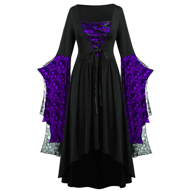 Womens Gothic Skull Lace Square Neck Halloween Dress featuring purple lace and flowing sleeves